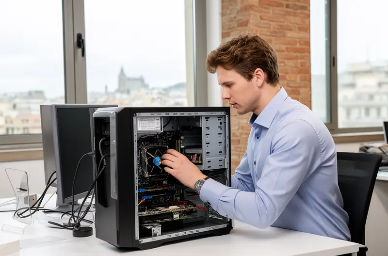 Técnico informático realizando mantenimiento preventivo en oficina de Barcelona, Equipo de soporte IT gestionando infraestructura cloud para empresa, Profesional de sistemas configurando red empresarial en Barcelona, Servicio de asistencia técnica remota para empresas tecnológicas, Auditoría de infraestructura IT en empresa de Barcelona