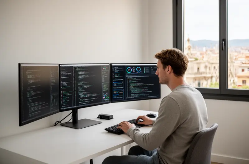 Técnico informático realizando mantenimiento preventivo en oficina de Barcelona, Equipo de soporte IT gestionando infraestructura cloud para empresa, Profesional de sistemas configurando red empresarial en Barcelona, Servicio de asistencia técnica remota para empresas tecnológicas, Auditoría de infraestructura IT en empresa de Barcelona