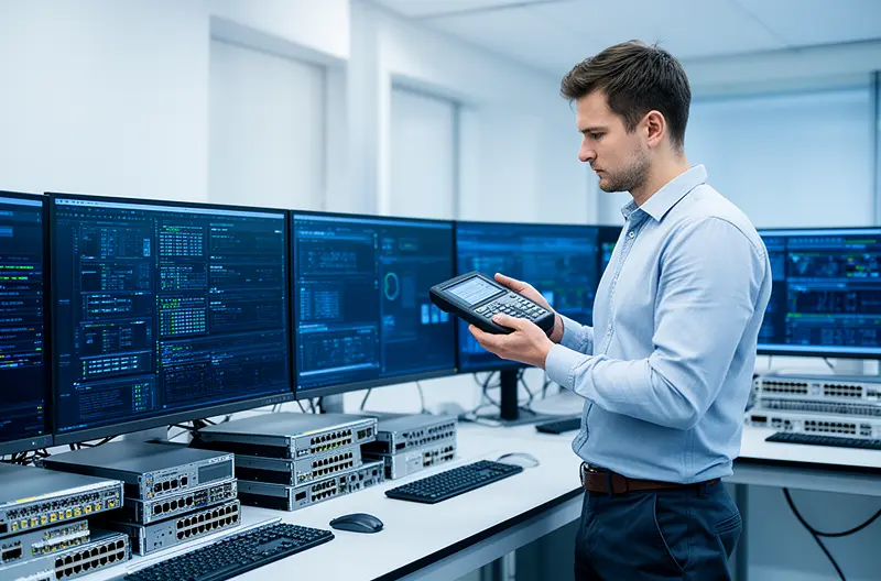 Técnico informático realizando mantenimiento preventivo en servidor empresarial, Equipo de soporte IT remoto atendiendo incidencias desde centro de operaciones, Infraestructura de red empresarial con equipos Cisco y Fortinet instalados, Consultor tecnológico analizando sistemas informáticos en oficina corporativa, Panel de monitorización proactiva mostrando estado de infraestructura IT