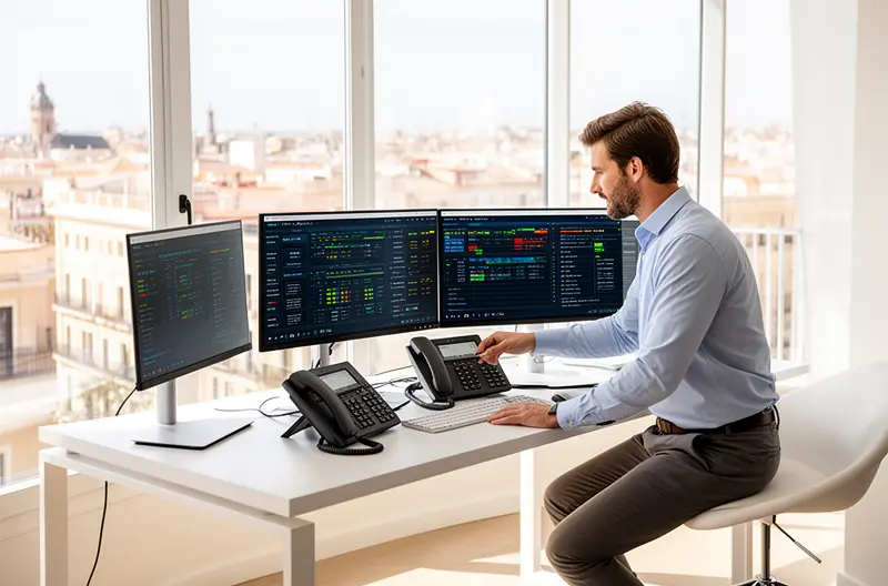 Instalación de centralita telefónica IP en oficina moderna de Madrid, Técnico configurando sistema de telefonía empresarial con múltiples extensiones, Centralita digital con panel de control y gestión de llamadas, Infraestructura de comunicaciones VoIP para empresa en Madrid, Sistema híbrido de telefonía analógica y digital en sala de servidores