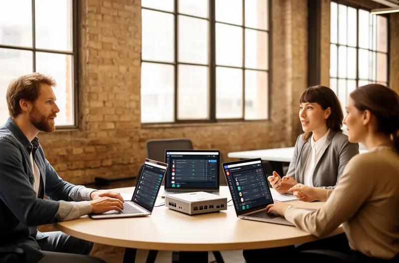 Instalación de centralita telefónica IP en oficina moderna de Madrid, Técnico configurando sistema de telefonía empresarial con múltiples extensiones, Centralita digital con panel de control y gestión de llamadas, Infraestructura de comunicaciones VoIP para empresa en Madrid, Sistema híbrido de telefonía analógica y digital en sala de servidores