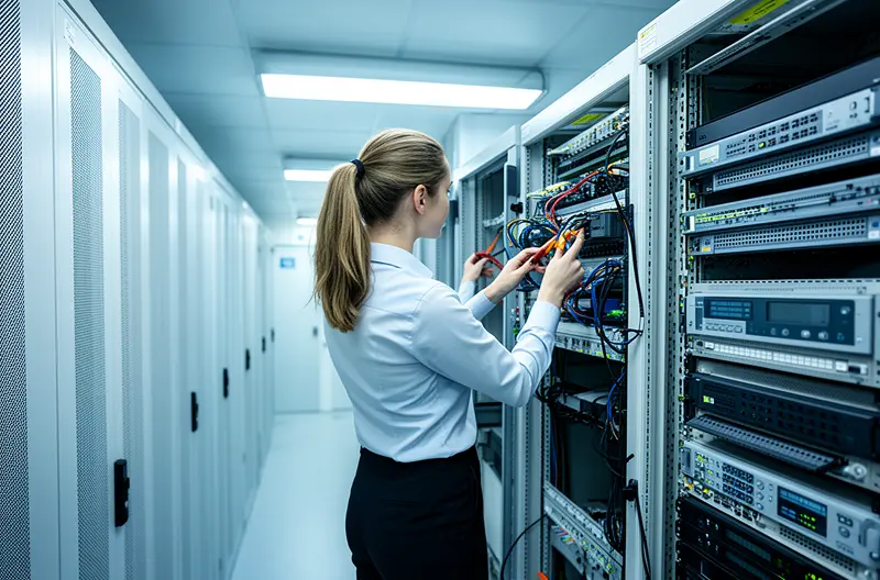 Instalación de centralita telefónica IP en oficina moderna de Madrid, Técnico configurando sistema de telefonía empresarial con múltiples extensiones, Centralita digital con panel de control y gestión de llamadas, Infraestructura de comunicaciones VoIP para empresa en Madrid, Sistema híbrido de telefonía analógica y digital en sala de servidores