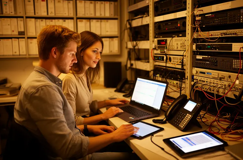 Instalación de centralita telefónica IP en oficina moderna de Madrid, Técnico configurando sistema de telefonía empresarial con múltiples extensiones, Centralita digital con panel de control y gestión de llamadas, Infraestructura de comunicaciones VoIP para empresa en Madrid, Sistema híbrido de telefonía analógica y digital en sala de servidores