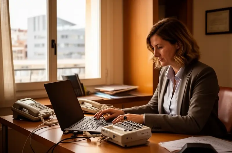 Técnico configurando centralita telefónica IP en oficina de Madrid, Sistema de telefonía empresarial VoIP con múltiples extensiones, Panel de control de centralita digital con funcionalidades avanzadas, Equipo de centralita telefónica Panasonic en sala de comunicaciones, Instalación profesional de centralita telefónica en empresa madrileña