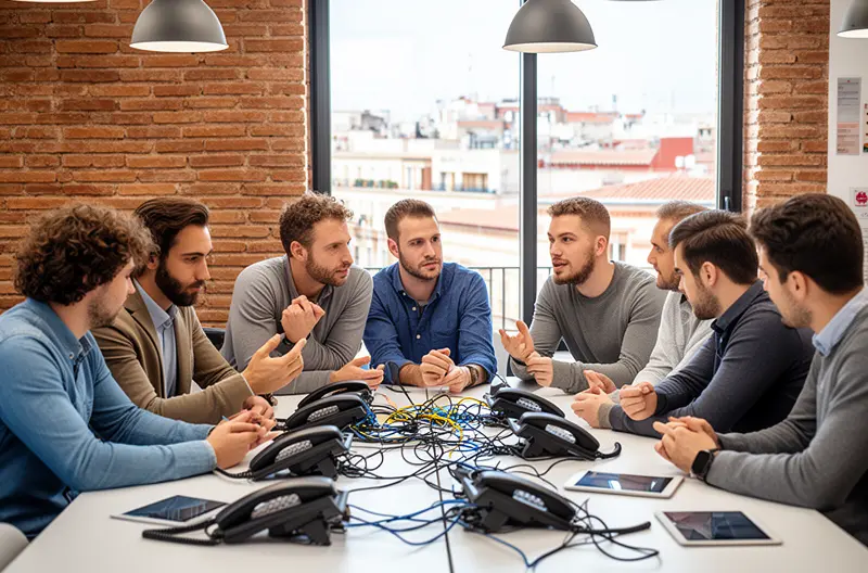 Técnico configurando centralita telefónica IP en oficina de Madrid, Sistema de telefonía empresarial VoIP con múltiples extensiones, Panel de control de centralita digital con funcionalidades avanzadas, Equipo de centralita telefónica Panasonic en sala de comunicaciones, Instalación profesional de centralita telefónica en empresa madrileña