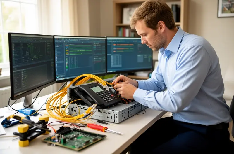 Técnico realizando mantenimiento preventivo en centralita telefónica empresarial, Panel de control de centralita IP con indicadores de estado de líneas, Revisión de cableado y conexiones en sistema de centralita digital, Actualización de firmware en centralita telefónica mediante consola de administración, Equipo de centralita telefónica con módulos de línea y fuente de alimentación