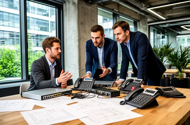 Técnico realizando mantenimiento preventivo en centralita telefónica empresarial, Panel de control de centralita IP con indicadores de estado de líneas, Revisión de cableado y conexiones en sistema de centralita digital, Actualización de firmware en centralita telefónica mediante consola de administración, Equipo de centralita telefónica con módulos de línea y fuente de alimentación