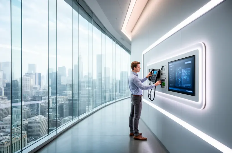 Técnico realizando mantenimiento preventivo en centralita telefónica empresarial, Panel de control de centralita IP con indicadores de estado de líneas, Revisión de cableado y conexiones en sistema de centralita digital, Actualización de firmware en centralita telefónica mediante consola de administración, Equipo de centralita telefónica con módulos de línea y fuente de alimentación