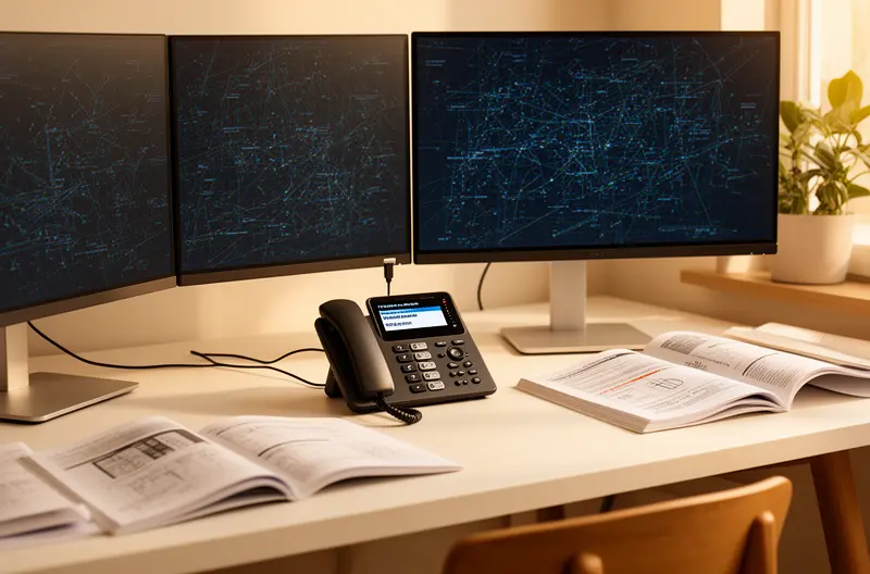 Técnico realizando mantenimiento preventivo en centralita telefónica empresarial, Panel de control de centralita IP con indicadores de estado de líneas, Revisión de cableado y conexiones en sistema de centralita digital, Actualización de firmware en centralita telefónica mediante consola de administración, Equipo de centralita telefónica con módulos de línea y fuente de alimentación