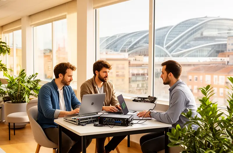 Técnico realizando mantenimiento preventivo en servidor empresarial en Colmenar Viejo, Centro de monitorización de sistemas informáticos con alertas en tiempo real, Equipo de soporte técnico prestando asistencia presencial en oficina, Panel de control de ciberseguridad con protección activa de endpoints, Sistema de backup automatizado realizando copia de seguridad en la nube