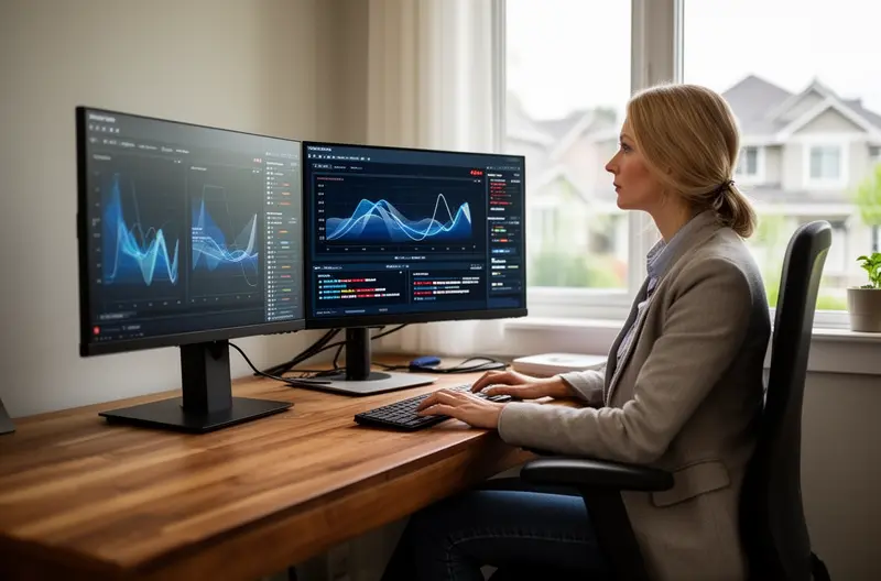 Técnico realizando mantenimiento preventivo en servidor empresarial en Colmenar Viejo, Centro de monitorización de sistemas informáticos con alertas en tiempo real, Equipo de soporte técnico prestando asistencia presencial en oficina, Panel de control de ciberseguridad con protección activa de endpoints, Sistema de backup automatizado realizando copia de seguridad en la nube
