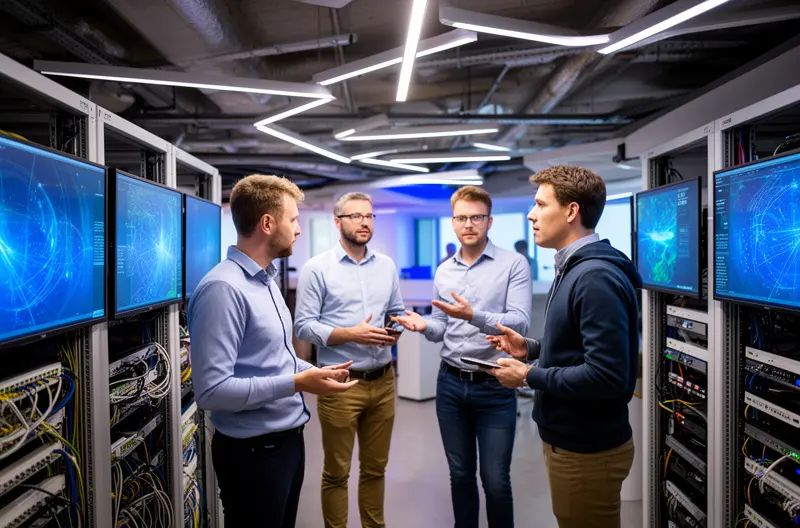 Técnico realizando mantenimiento preventivo en servidor empresarial en Colmenar Viejo, Centro de monitorización de sistemas informáticos con alertas en tiempo real, Equipo de soporte técnico prestando asistencia presencial en oficina, Panel de control de ciberseguridad con protección activa de endpoints, Sistema de backup automatizado realizando copia de seguridad en la nube