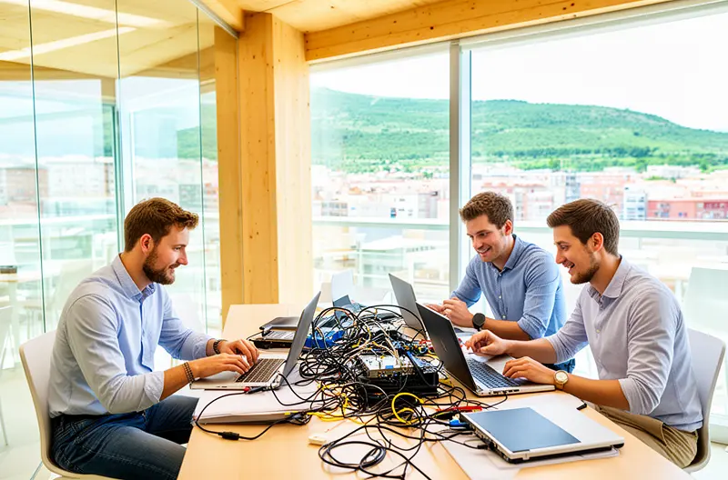 Técnico realizando mantenimiento preventivo en servidor empresarial San Martín de la Vega, Equipo de soporte informático atendiendo incidencia en oficina de pyme, Panel de monitorización de sistemas IT con alertas proactivas, Infraestructura de red empresarial con equipos Cisco y Fortinet instalados, Auditoría informática gratuita evaluando seguridad y copias de respaldo