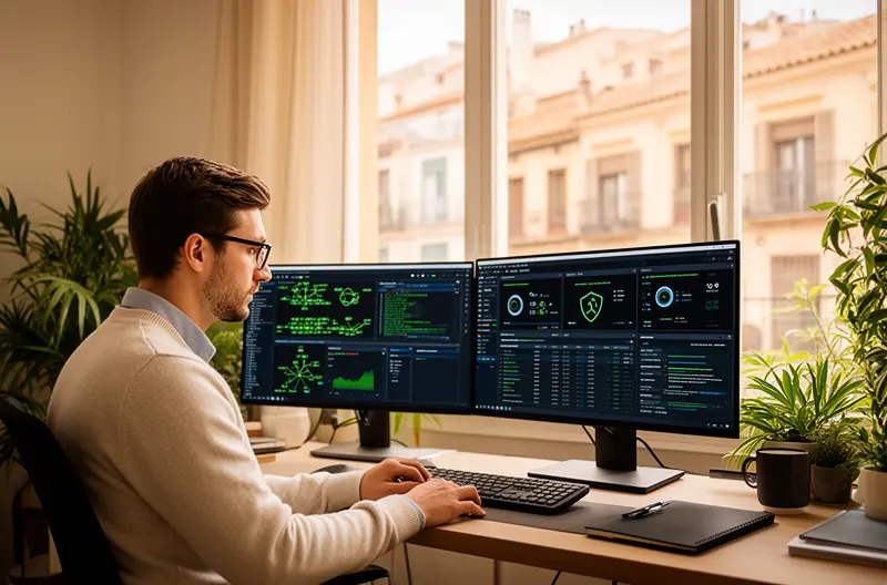 Técnico realizando mantenimiento preventivo en servidor empresarial San Martín de la Vega, Equipo de soporte informático atendiendo incidencia en oficina de pyme, Panel de monitorización de sistemas IT con alertas proactivas, Infraestructura de red empresarial con equipos Cisco y Fortinet instalados, Auditoría informática gratuita evaluando seguridad y copias de respaldo
