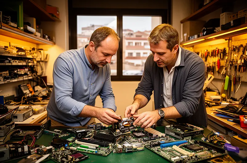 Técnico realizando mantenimiento preventivo en servidor empresarial San Martín de la Vega, Equipo de soporte informático atendiendo incidencia en oficina de pyme, Panel de monitorización de sistemas IT con alertas proactivas, Infraestructura de red empresarial con equipos Cisco y Fortinet instalados, Auditoría informática gratuita evaluando seguridad y copias de respaldo