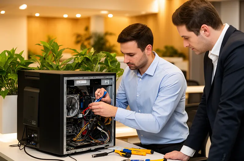 Técnico realizando mantenimiento informático preventivo en oficina de Arganda del Rey, Equipo de soporte IT atendiendo incidencia informática en empresa local, Sala de servidores con sistemas de monitorización y backup activos, Profesional configurando red empresarial segura con firewall avanzado, Auditoría informática evaluando infraestructura tecnológica de pyme