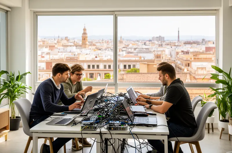 Técnico realizando mantenimiento preventivo en servidor empresarial en Aranjuez, Equipo de soporte informático atendiendo incidencia en oficina de Aranjuez, Sistema de seguridad informática protegiendo red empresarial, Auditoría tecnológica de infraestructura IT en empresa de Aranjuez, Panel de monitorización de sistemas informáticos en tiempo real