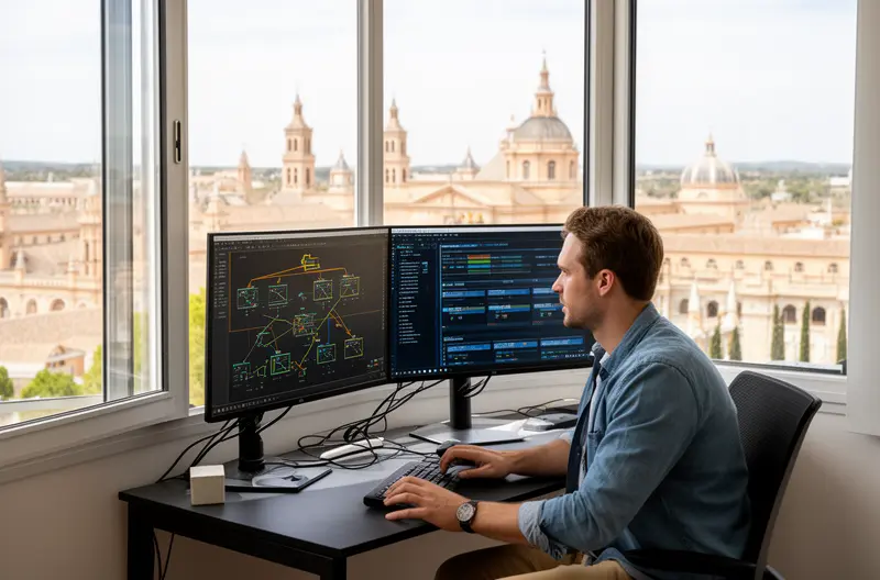 Técnico realizando mantenimiento preventivo en servidor empresarial en Aranjuez, Equipo de soporte informático atendiendo incidencia en oficina de Aranjuez, Sistema de seguridad informática protegiendo red empresarial, Auditoría tecnológica de infraestructura IT en empresa de Aranjuez, Panel de monitorización de sistemas informáticos en tiempo real