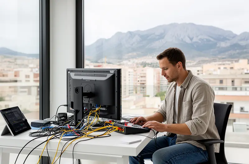 técnico informático revisando servidor en empresa de Collado Villalba, equipo de soporte IT realizando mantenimiento preventivo de red, sala de servidores con infraestructura tecnológica moderna y segura, profesional configurando firewall y sistemas de seguridad informática, diagnóstico técnico de equipos informáticos en oficina empresarial
