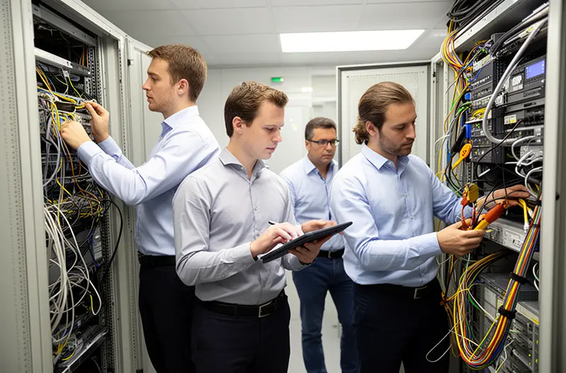 técnico informático revisando servidor en empresa de Collado Villalba, equipo de soporte IT realizando mantenimiento preventivo de red, sala de servidores con infraestructura tecnológica moderna y segura, profesional configurando firewall y sistemas de seguridad informática, diagnóstico técnico de equipos informáticos en oficina empresarial