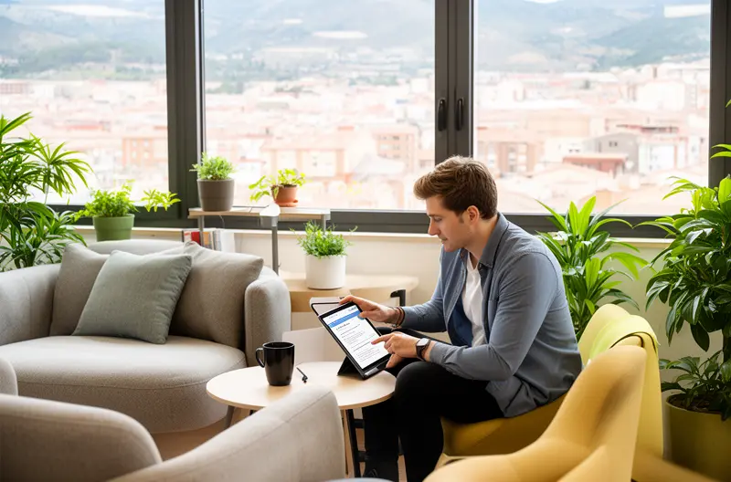 técnico informático revisando servidor en empresa de Collado Villalba, equipo de soporte IT realizando mantenimiento preventivo de red, sala de servidores con infraestructura tecnológica moderna y segura, profesional configurando firewall y sistemas de seguridad informática, diagnóstico técnico de equipos informáticos en oficina empresarial