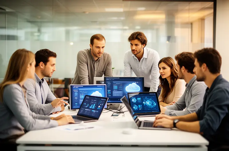 Técnico realizando mantenimiento preventivo en equipos informáticos de empresa en Valdemoro, Equipo de soporte IT revisando servidores y sistemas de seguridad empresarial, Auditoría informática gratuita evaluando infraestructura tecnológica en oficina, Implementación de soluciones de ciberseguridad y backup en empresa de Valdemoro, Consultor IT analizando red empresarial y optimizando sistemas informáticos