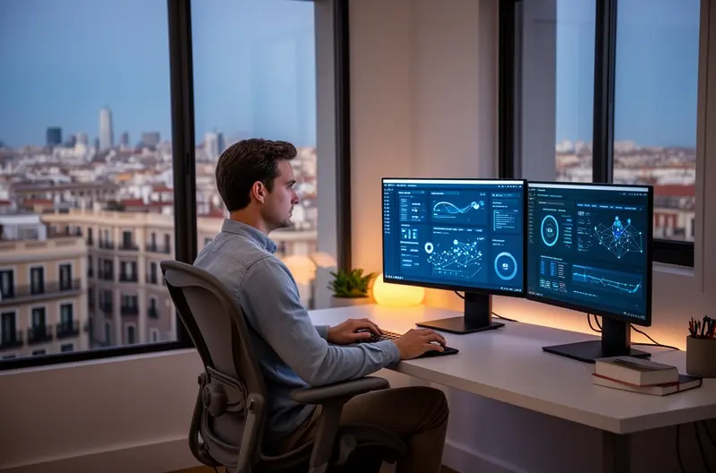 Técnico realizando mantenimiento preventivo en equipos informáticos empresariales, Auditoría de seguridad informática y cumplimiento RGPD en oficina, Soporte técnico remoto profesional para empresas en Pozuelo, Infraestructura de red empresarial con protección endpoint avanzada, Equipo de consultores IT gestionando servidores Cloud y sistemas de backup