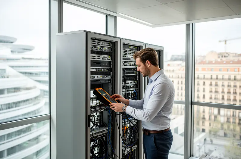 Técnico realizando mantenimiento preventivo en equipos informáticos empresariales, Auditoría de seguridad informática y cumplimiento RGPD en oficina, Soporte técnico remoto profesional para empresas en Pozuelo, Infraestructura de red empresarial con protección endpoint avanzada, Equipo de consultores IT gestionando servidores Cloud y sistemas de backup