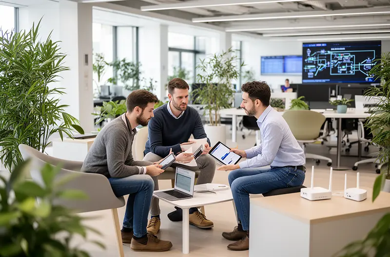 Técnico informático realizando mantenimiento preventivo en oficina de Las Rozas, Centro de monitorización de sistemas IT con soporte remoto en tiempo real, Auditoría de seguridad informática y cumplimiento RGPD en empresa madrileña, Infraestructura de red empresarial con equipamiento Cisco en Las Rozas, Equipo técnico certificado proporcionando soporte presencial en oficinas