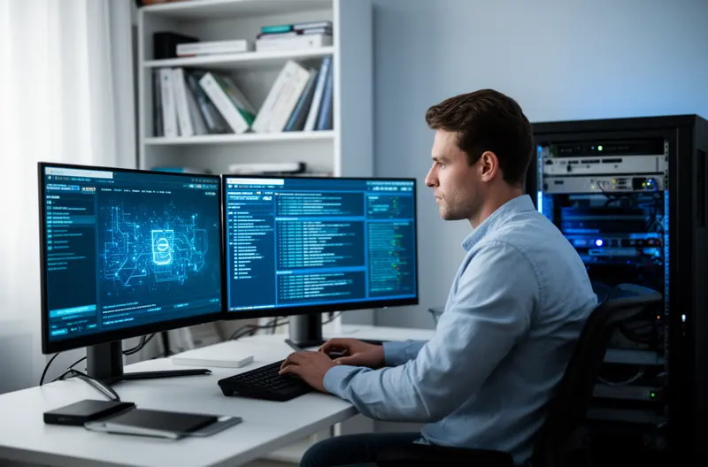 Técnico informático realizando mantenimiento preventivo en oficina de Las Rozas, Centro de monitorización de sistemas IT con soporte remoto en tiempo real, Auditoría de seguridad informática y cumplimiento RGPD en empresa madrileña, Infraestructura de red empresarial con equipamiento Cisco en Las Rozas, Equipo técnico certificado proporcionando soporte presencial en oficinas