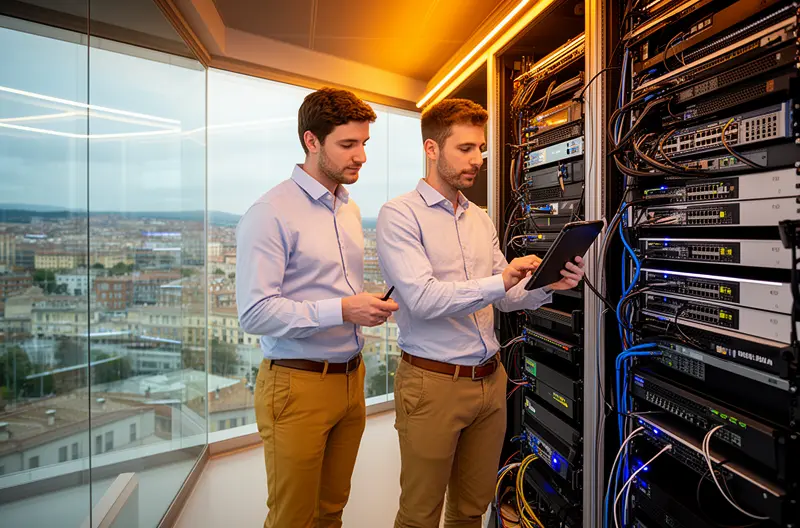 Técnico informático realizando mantenimiento preventivo en oficina de Las Rozas, Centro de monitorización de sistemas IT con soporte remoto en tiempo real, Auditoría de seguridad informática y cumplimiento RGPD en empresa madrileña, Infraestructura de red empresarial con equipamiento Cisco en Las Rozas, Equipo técnico certificado proporcionando soporte presencial en oficinas