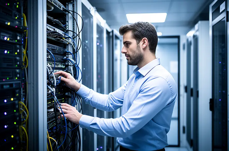 Técnico realizando mantenimiento preventivo en servidor empresarial en Coslada, Panel de monitorización de sistemas informáticos en tiempo real para empresas, Equipo de soporte técnico atendiendo incidencia informática en oficina de Coslada, Infraestructura de red empresarial con gestión profesional y seguridad avanzada, Sala de servidores con sistemas de backup y protección de datos para pymes