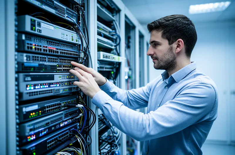 Técnico realizando mantenimiento preventivo en servidor empresarial en Coslada, Panel de monitorización de sistemas informáticos en tiempo real para empresas, Equipo de soporte técnico atendiendo incidencia informática en oficina de Coslada, Infraestructura de red empresarial con gestión profesional y seguridad avanzada, Sala de servidores con sistemas de backup y protección de datos para pymes