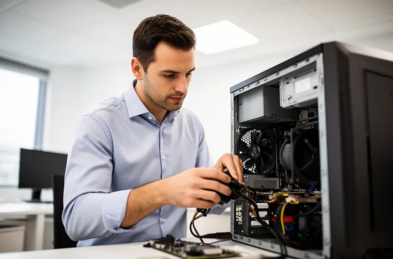 Técnico realizando mantenimiento informático en oficina de Alcobendas, Equipo de soporte técnico atendiendo incidencia informática en empresa, Servidor empresarial con sistemas de seguridad y backup en Alcobendas, Auditoría informática gratuita en pyme de Alcobendas, Infraestructura tecnológica moderna con mantenimiento preventivo