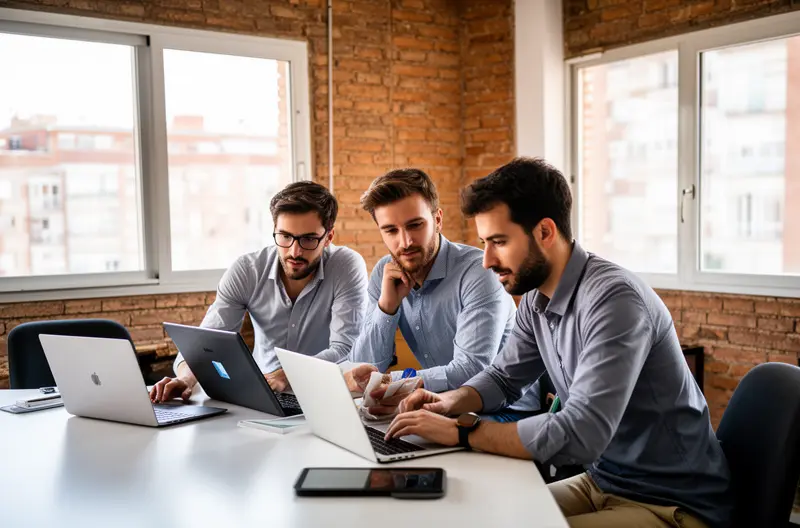 Técnico realizando mantenimiento preventivo en servidor empresarial en Parla, Equipo informático empresarial optimizado con soporte técnico profesional, Sala de servidores con sistemas de seguridad y copias de seguridad gestionadas, Profesional IT configurando red empresarial en oficina de Parla, Empresario satisfecho con servicio de mantenimiento informático estable y seguro