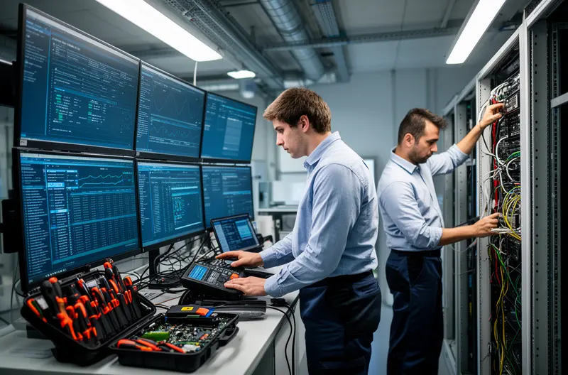 Técnico realizando mantenimiento preventivo en servidor empresarial en Parla, Equipo informático empresarial optimizado con soporte técnico profesional, Sala de servidores con sistemas de seguridad y copias de seguridad gestionadas, Profesional IT configurando red empresarial en oficina de Parla, Empresario satisfecho con servicio de mantenimiento informático estable y seguro