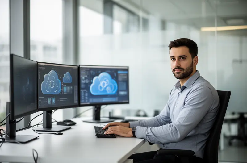 Técnico realizando mantenimiento preventivo en servidor empresarial en Torrejón de Ardoz, Panel de monitorización de infraestructura IT con alertas de seguridad en tiempo real, Equipo de soporte técnico configurando firewall y protección de endpoints, Sala de servidores con sistemas de backup y recuperación ante desastres, Auditoría tecnológica proactiva identificando vulnerabilidades en red empresarial