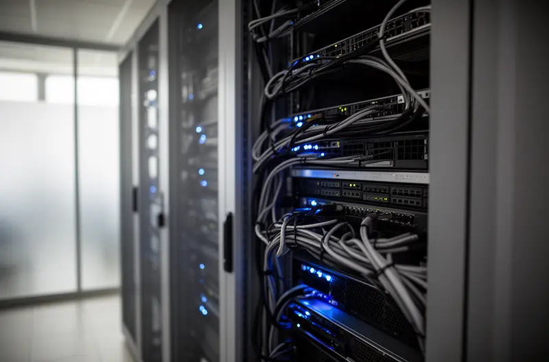 Técnico realizando mantenimiento preventivo en servidor empresarial en Torrejón de Ardoz, Panel de monitorización de infraestructura IT con alertas de seguridad en tiempo real, Equipo de soporte técnico configurando firewall y protección de endpoints, Sala de servidores con sistemas de backup y recuperación ante desastres, Auditoría tecnológica proactiva identificando vulnerabilidades en red empresarial