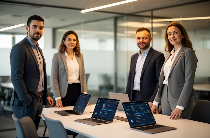 Técnico realizando mantenimiento preventivo en servidor empresarial en Torrejón de Ardoz, Panel de monitorización de infraestructura IT con alertas de seguridad en tiempo real, Equipo de soporte técnico configurando firewall y protección de endpoints, Sala de servidores con sistemas de backup y recuperación ante desastres, Auditoría tecnológica proactiva identificando vulnerabilidades en red empresarial