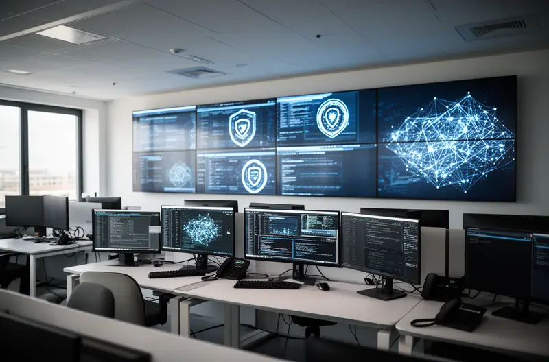 Técnico realizando mantenimiento preventivo en servidor empresarial en Torrejón de Ardoz, Panel de monitorización de infraestructura IT con alertas de seguridad en tiempo real, Equipo de soporte técnico configurando firewall y protección de endpoints, Sala de servidores con sistemas de backup y recuperación ante desastres, Auditoría tecnológica proactiva identificando vulnerabilidades en red empresarial