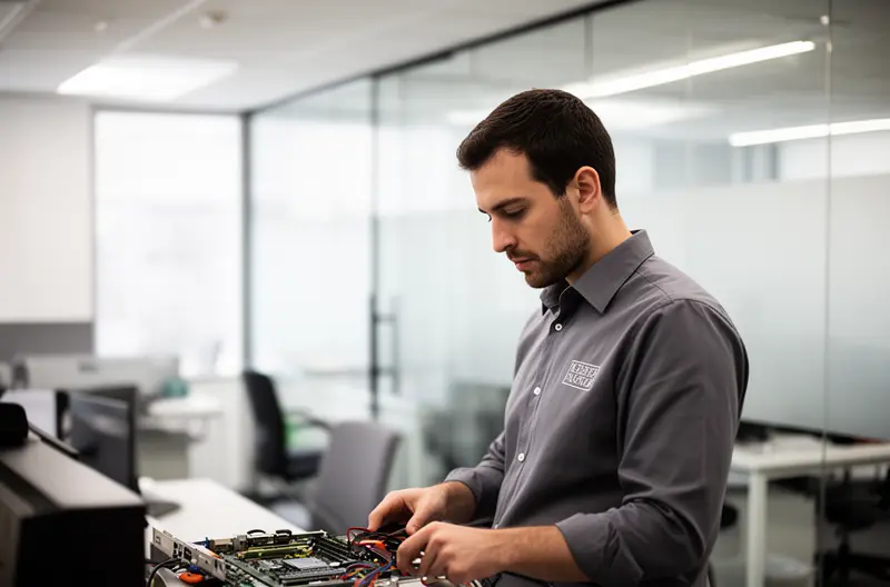 Técnico realizando mantenimiento preventivo en servidor empresarial en Alcorcón, Centro de monitorización de sistemas informáticos con alertas en tiempo real, Equipo de soporte técnico local atendiendo incidencia presencial en oficina, Infraestructura de red empresarial protegida con firewall y ciberseguridad avanzada, Sala de servidores con sistemas de backup y recuperación ante desastres