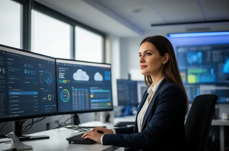 Técnico realizando mantenimiento preventivo en servidor empresarial en Alcorcón, Centro de monitorización de sistemas informáticos con alertas en tiempo real, Equipo de soporte técnico local atendiendo incidencia presencial en oficina, Infraestructura de red empresarial protegida con firewall y ciberseguridad avanzada, Sala de servidores con sistemas de backup y recuperación ante desastres