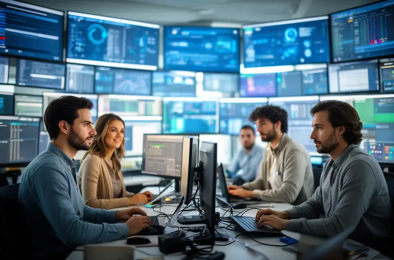 Técnico realizando mantenimiento informático en oficina de Getafe, Panel de monitorización proactiva de sistemas IT en tiempo real, Equipo de soporte técnico atendiendo incidencia informática presencial, Auditoría de infraestructura tecnológica en empresa de Getafe, Servidor empresarial con mantenimiento preventivo y copias de seguridad