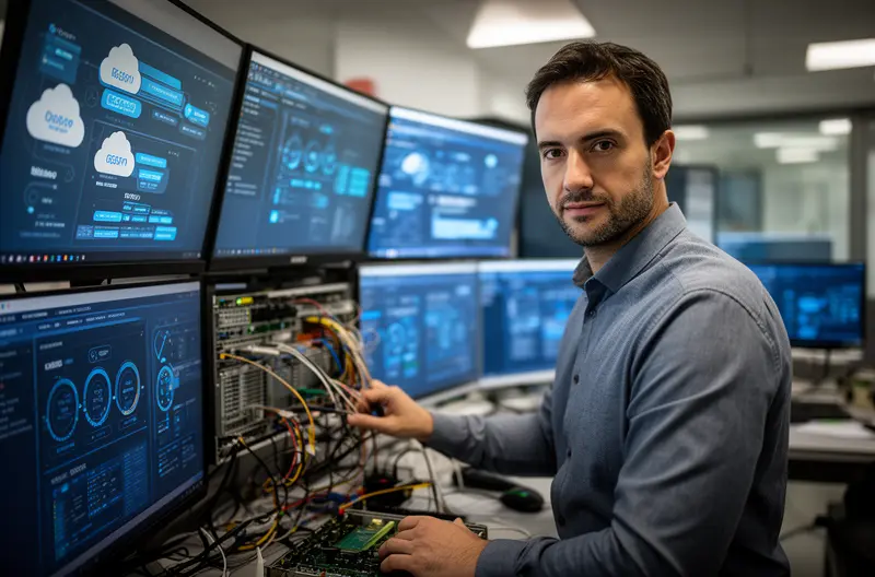 Técnico realizando mantenimiento preventivo en servidor empresarial en Leganés, Equipo de soporte informático revisando infraestructura tecnológica de empresa, Sistema NAS con copias de seguridad automatizadas en entorno empresarial, Monitorización de red empresarial con herramientas profesionales de gestión, Servicio de mantenimiento correctivo resolviendo incidencia informática en oficina