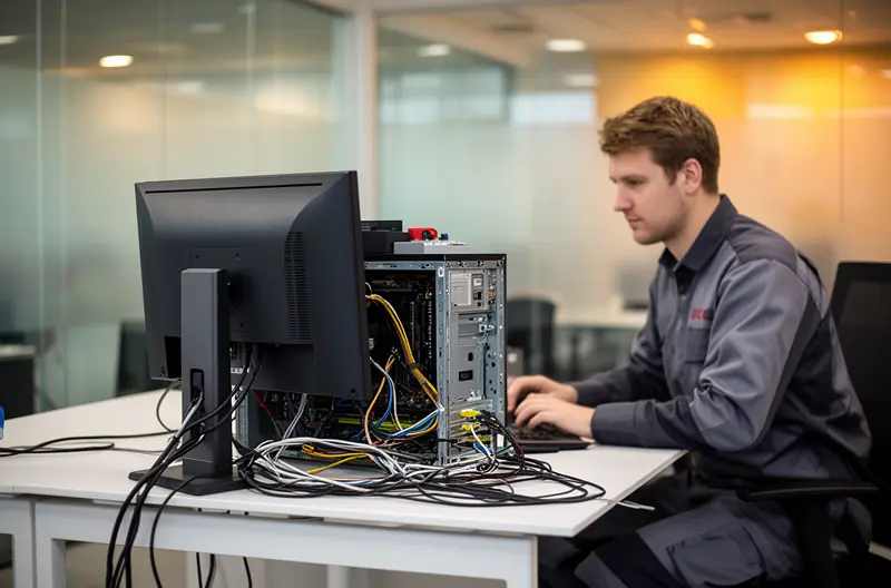 Técnico realizando mantenimiento preventivo en servidor empresarial en Fuenlabrada, Equipo de soporte informático configurando red empresarial segura, Sistema de copias de seguridad automatizadas en empresa de Fuenlabrada, Monitorización proactiva de infraestructura IT en oficina moderna, Consultoría de mantenimiento informático para pyme en Fuenlabrada