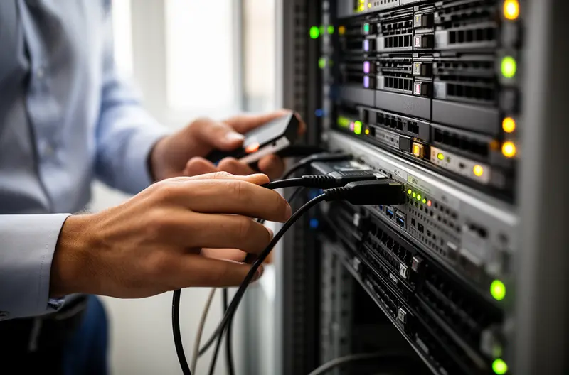 Técnico realizando mantenimiento preventivo en servidor empresarial en Alcalá de Henares, Equipo informático empresarial con monitorización de sistemas en tiempo real, Auditoría informática completa del parque tecnológico de empresa en Alcalá, Profesional configurando medidas de seguridad y protección de datos empresariales, Panel de control de mantenimiento informático mostrando estado de equipos y sistemas