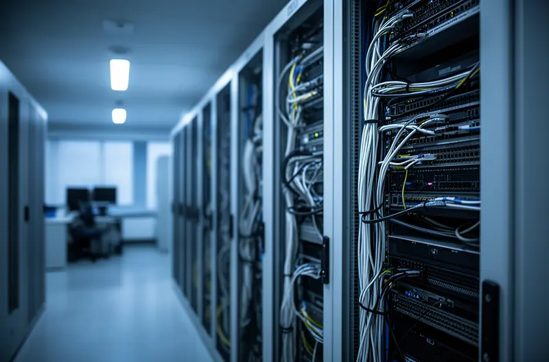 Técnico realizando mantenimiento informático preventivo en empresa de Móstoles, Centro de monitorización remota de sistemas informáticos empresariales, Implementación de soluciones de ciberseguridad en oficina de Móstoles, Equipo de soporte técnico atendiendo incidencia informática presencial, Panel de control de infraestructura IT con monitorización en tiempo real