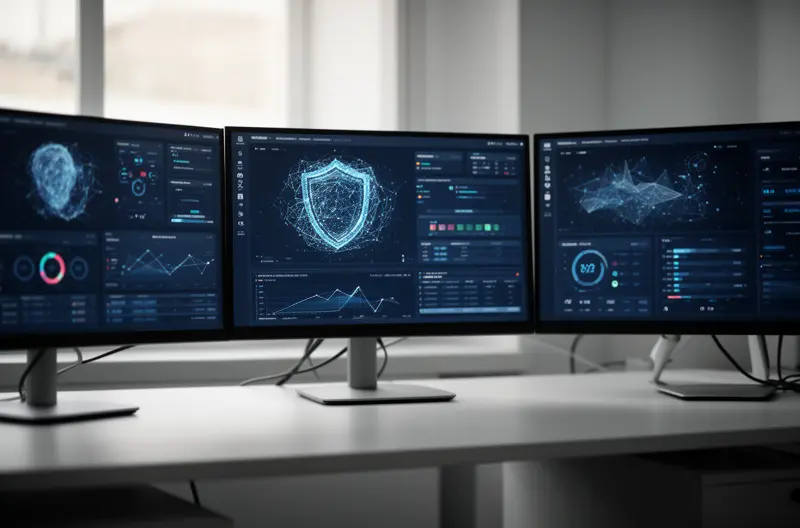 Técnico realizando mantenimiento informático preventivo en empresa de Móstoles, Centro de monitorización remota de sistemas informáticos empresariales, Implementación de soluciones de ciberseguridad en oficina de Móstoles, Equipo de soporte técnico atendiendo incidencia informática presencial, Panel de control de infraestructura IT con monitorización en tiempo real