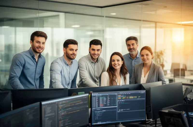 Técnico realizando mantenimiento informático preventivo en empresa de Móstoles, Centro de monitorización remota de sistemas informáticos empresariales, Implementación de soluciones de ciberseguridad en oficina de Móstoles, Equipo de soporte técnico atendiendo incidencia informática presencial, Panel de control de infraestructura IT con monitorización en tiempo real