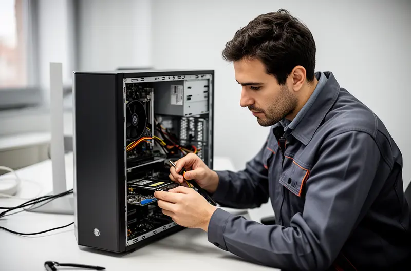 Técnico realizando mantenimiento informático preventivo en empresa de Móstoles, Centro de monitorización remota de sistemas informáticos empresariales, Implementación de soluciones de ciberseguridad en oficina de Móstoles, Equipo de soporte técnico atendiendo incidencia informática presencial, Panel de control de infraestructura IT con monitorización en tiempo real